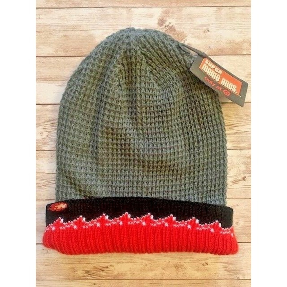 NWT Super Mario Bros Mens Winter Knit Hat Gray Red Black One Size